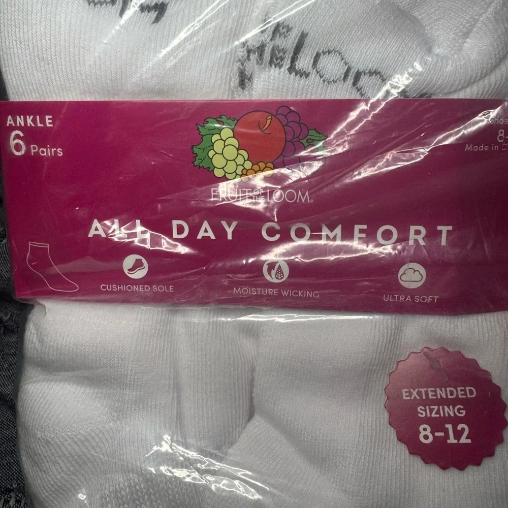 Fruit of the Loom All Day Comfort Ankle White Socks - Extended Sizing 8-12